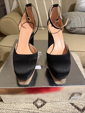 J. Crew Black Satin Platform Ankle-Strap Pumps